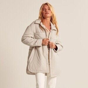 Abercrombie & Fitch cream mid-length unquilted nylon shirt jacket